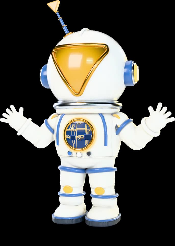 Mav, the TRINITY mascot with a triangle visor, shrugging